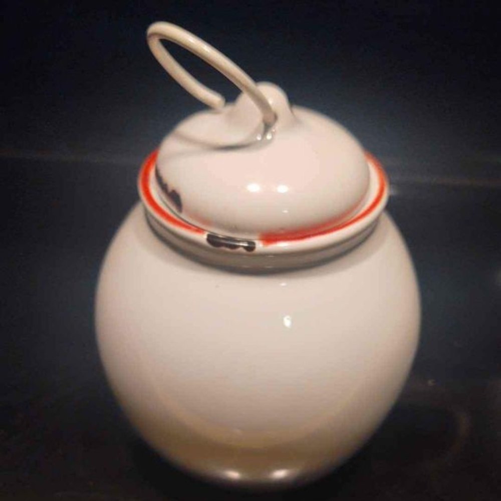 Small Porcelain Pot White and Red Rustic Appearance